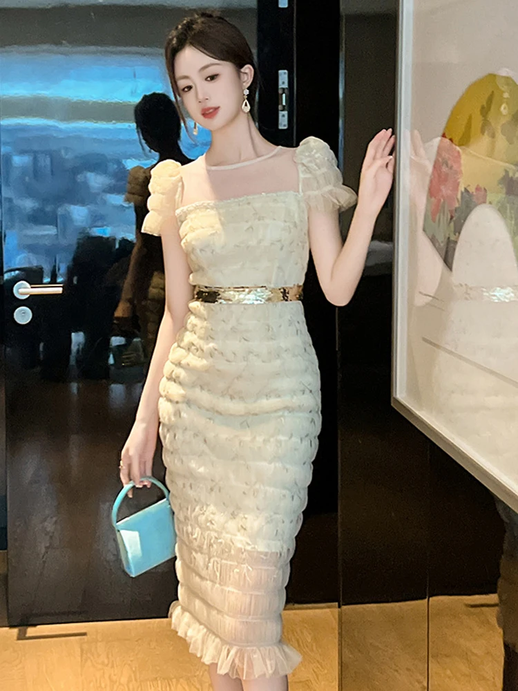 

Women's French Socialite Party Dress Ladies Sweet Elegant Sheer Mesh Folds Embroidery Sequins Bodycon Robe Banquet Vestidos Lady