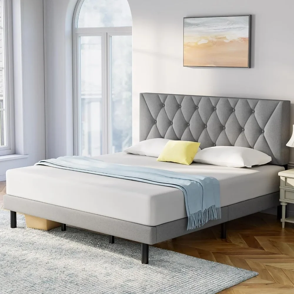 

Bed frame with adjustable headboard and wooden support, no need for spring box, anti slip and noise free, full-size bed frame