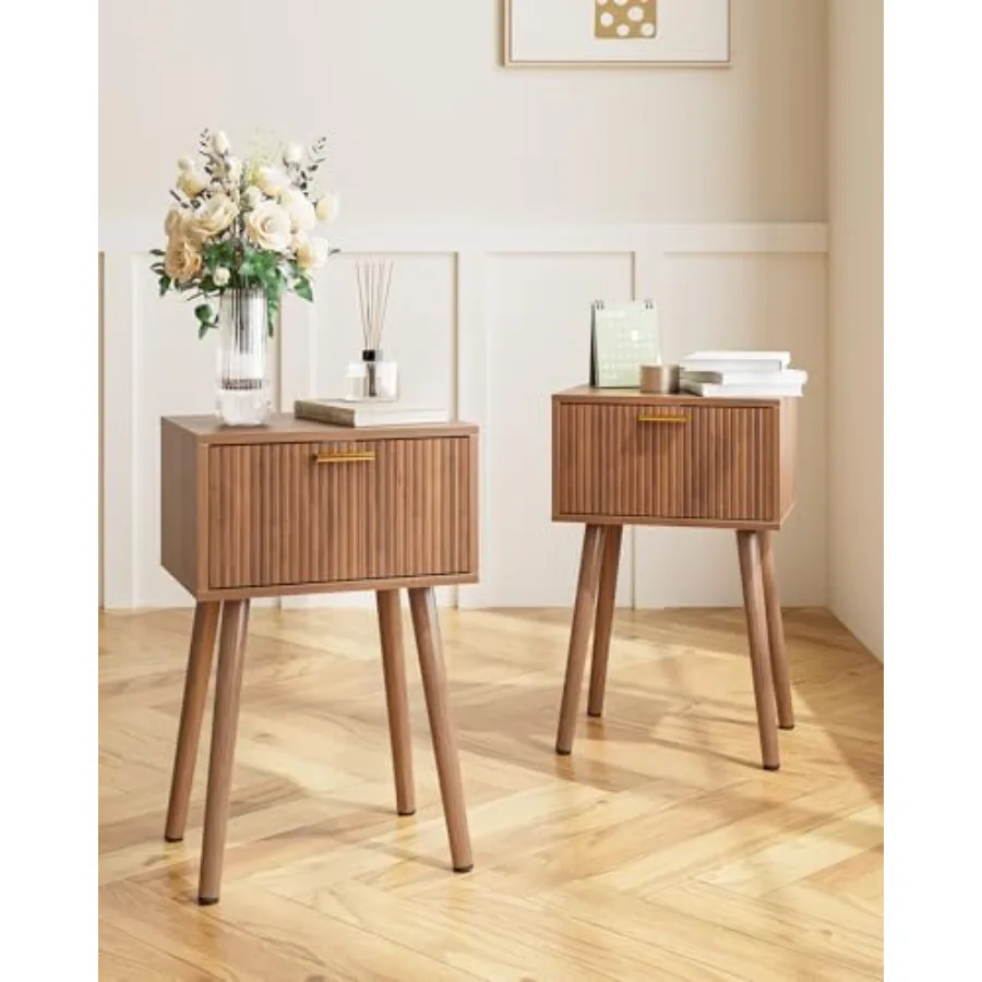 

Night Stand Set 2 Walnut Nightstand with Fluted Doors Small Modern Mid-Century Bedside Table for Bedroom End Table for Living R