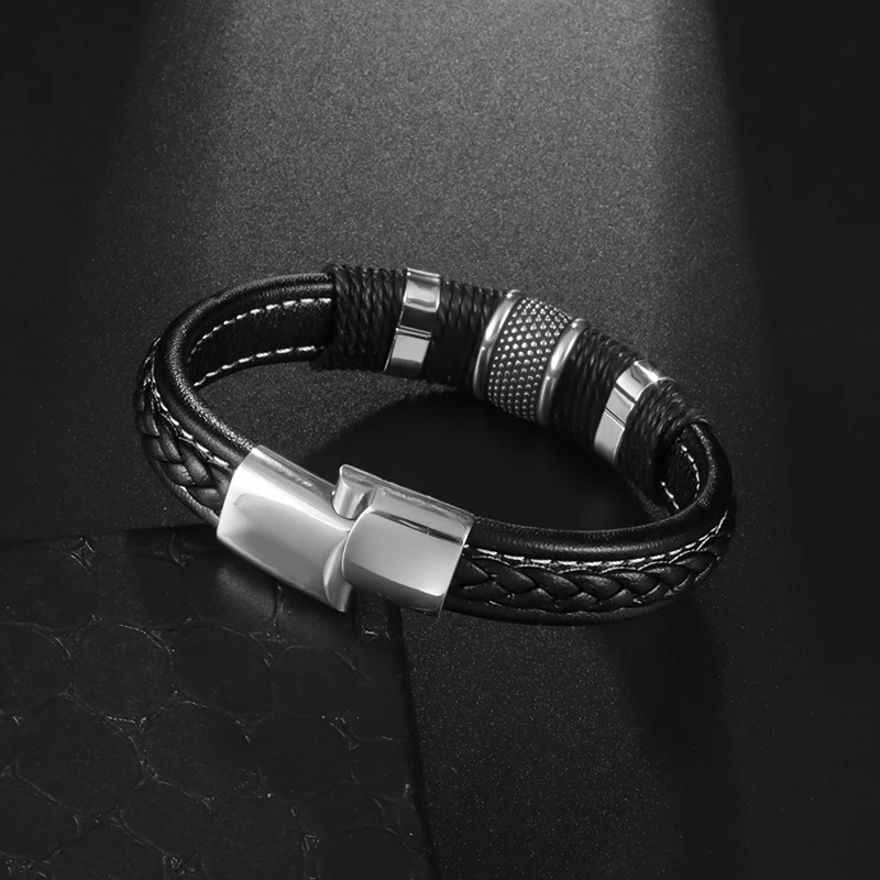 Classic Black Woven Leather Wrap Bracelet for Men Gold Color Metal Magnetic Clasp Birthday Gift