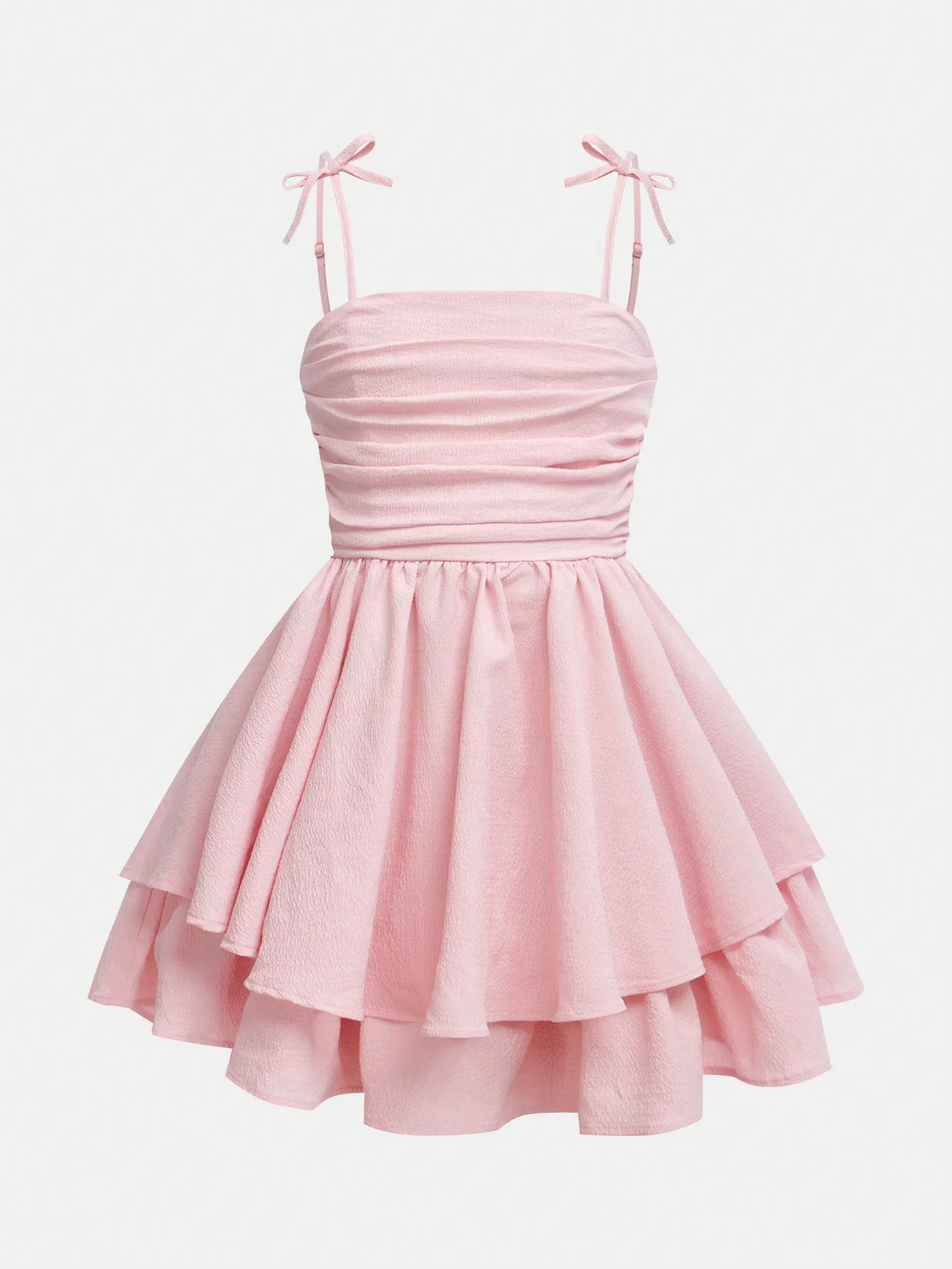 

Pink Tiered Pleated Strap Dress for Girls, Casual Sweet Style with Bow Straps