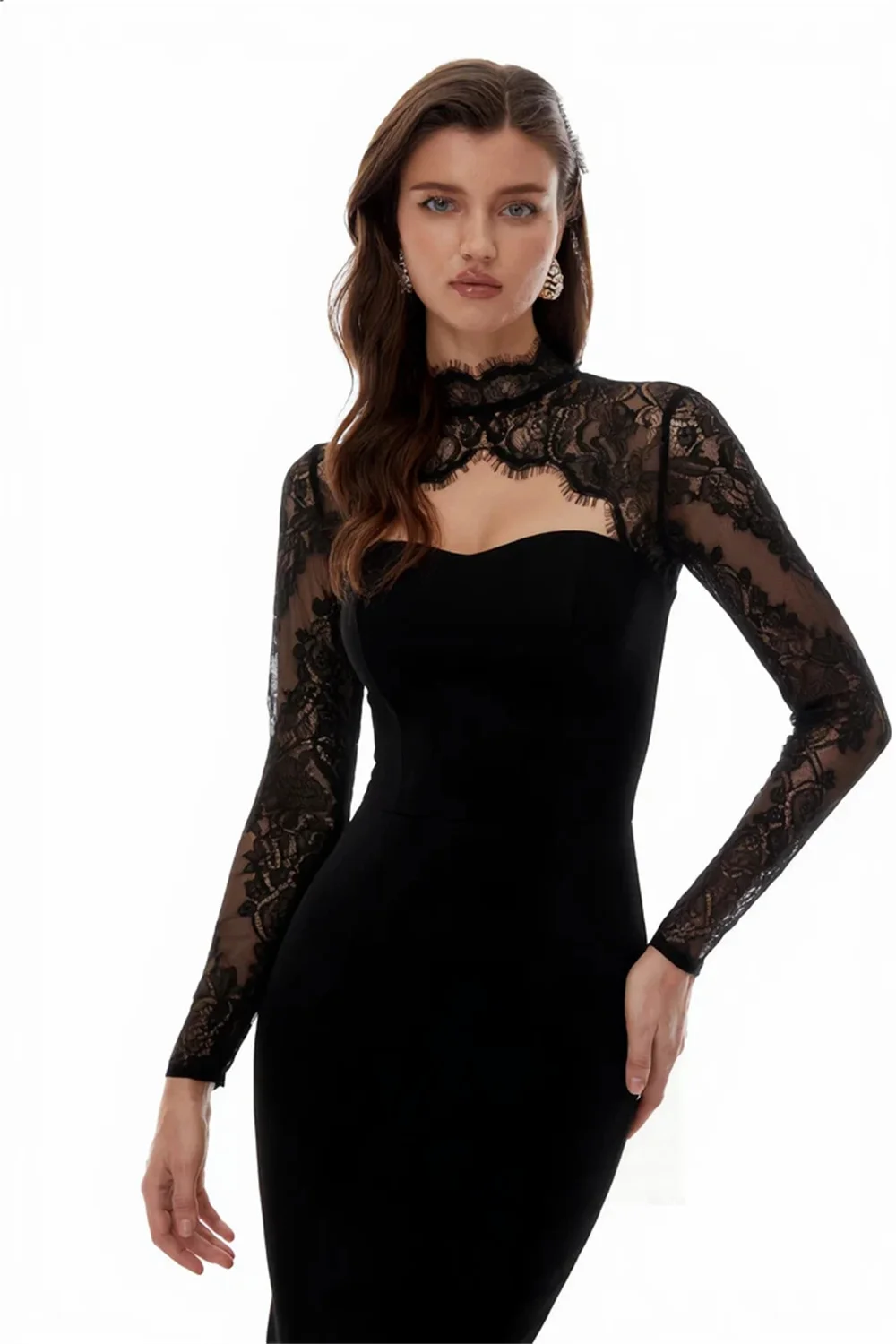 AP pretti Black Detachable Long Sleeves Lace Wedding Reception Dress Mermaid Matte Satin  Modern Evening Gown Dress Customized ﻿
