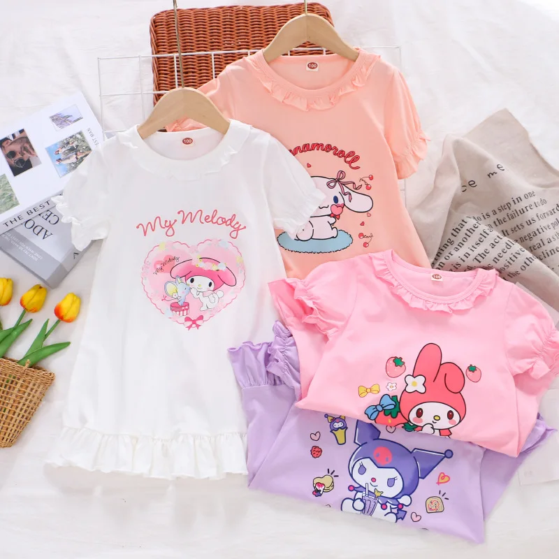 

Sanrio Kuromi Clothes Girls Short Sleeve Dresses Summer Fashion Cute Cinnamoroll Melody Print Princess Dress Children Day Gift