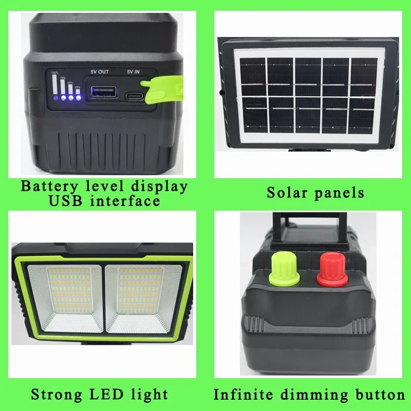 Portable Lanterns Solar USB Waterproof Floodlight Outdoor Courtyard Camping Lights Searchlight Lnfinite Dimming LED Working Lamp