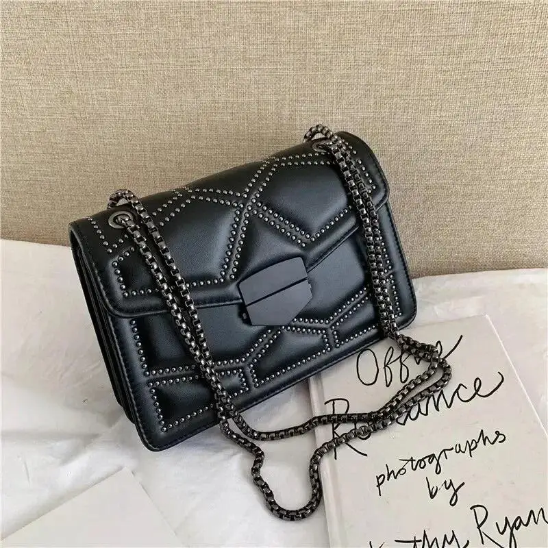 Vintage Rivet Chain Shoulder Bags For Women Flap PU Leather Fashion Small Square Crossbody Bag Designer Handbag