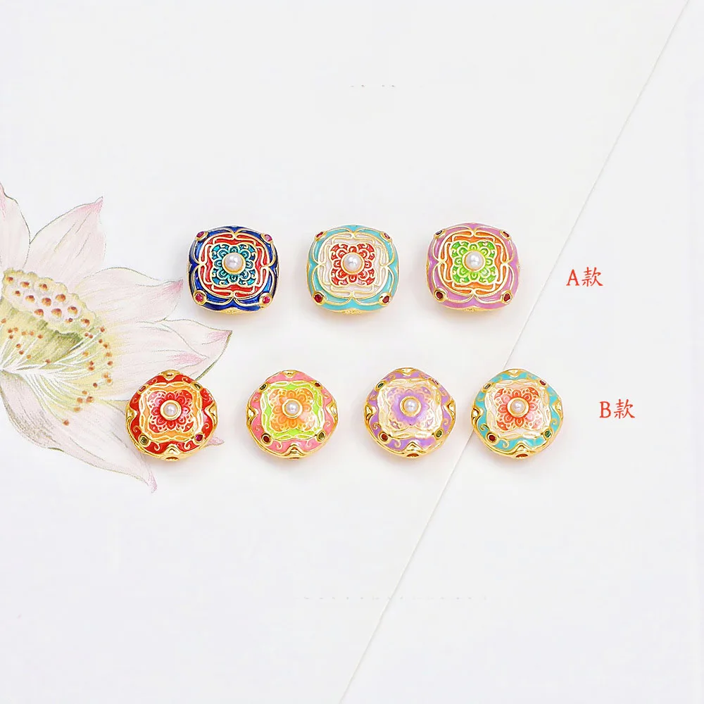 

7Pcs Traditional Enamel Beaded Diamond Inlaid Pearl Accessories, National Style Palace Blue Firing DIY Bead Accessories