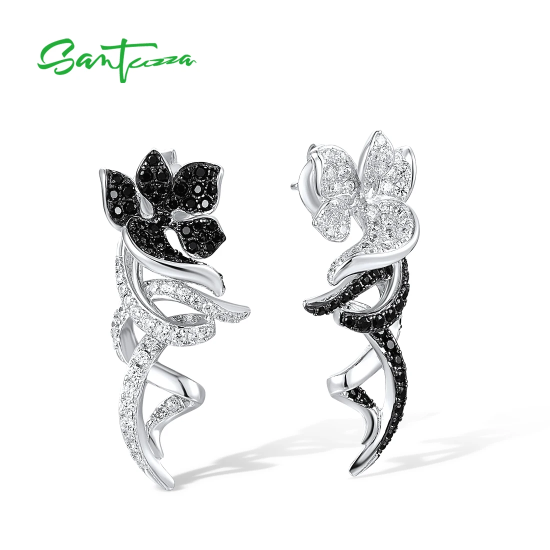 SANTUZZA Authentic 925 Sterling Silver Dangling Earrings For Women Sparkling White Black Flower Party Gift Elegant Fine Jewelry