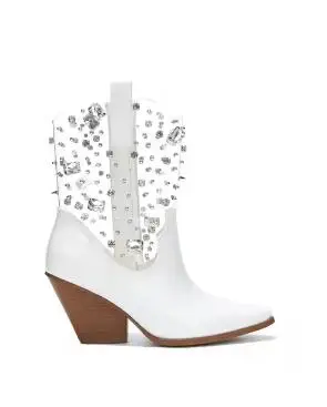 Bottes mi-mollet en cuir transparent avec biscuits Bling, chaussures Parker pointues, patchwork de rivets, talons carrés, rose chaud, blanc, or, noir, PVC