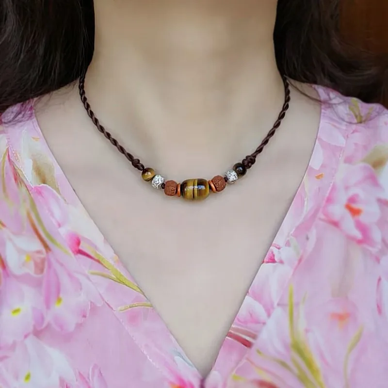 Unique Original Natural Tiger Eye Ethnic Choker Necklace for Women Sweater Chain Scars Covering Elegant Vintage Handmade Gift