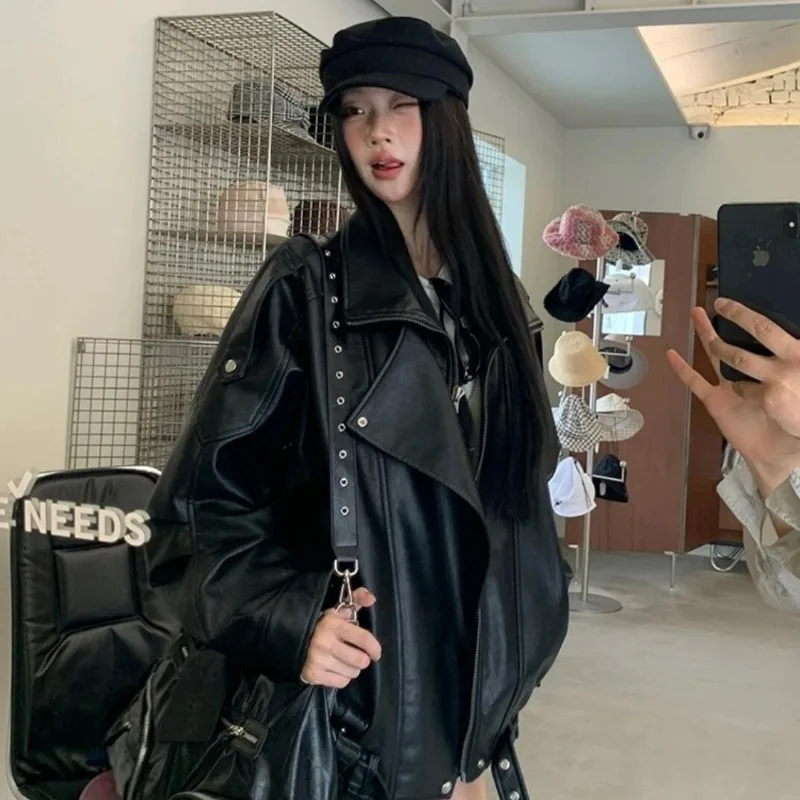 

Spring Autumn New Cool Black Leather Jackets Motorcycle Streetwear Lapel Zipper 2026 Women's PU Leather Jacket Retro Loose Coats