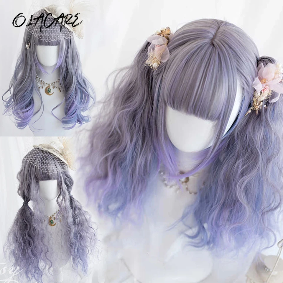 Pelucas sintéticas ombré de color gris, azul y morado para Cosplay, pelucas en capas onduladas y rizadas largas con flequillo para mujeres, cabello falso resistente al calor