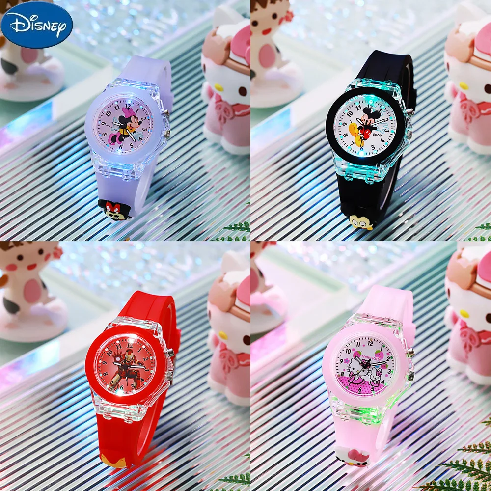 

Disney Mickey Mouse Girls Watches Children Silicone Strap Colorful Light Spiderman Kids Watch Student Quartz Clock gift