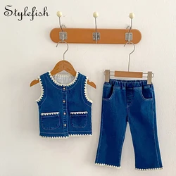 Autumn new style baby clothes for 0-3 years old, baby girl, trendy dog-tooth cardigan vest + micro-pants two-piece set for girls