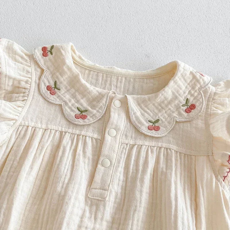 Summer Baby Girl Romper Cute Newborn Princess Fly Sleeve Cherry Embroidered Flower Collar Cotton Bodysuit Headband 2PCS Clothes