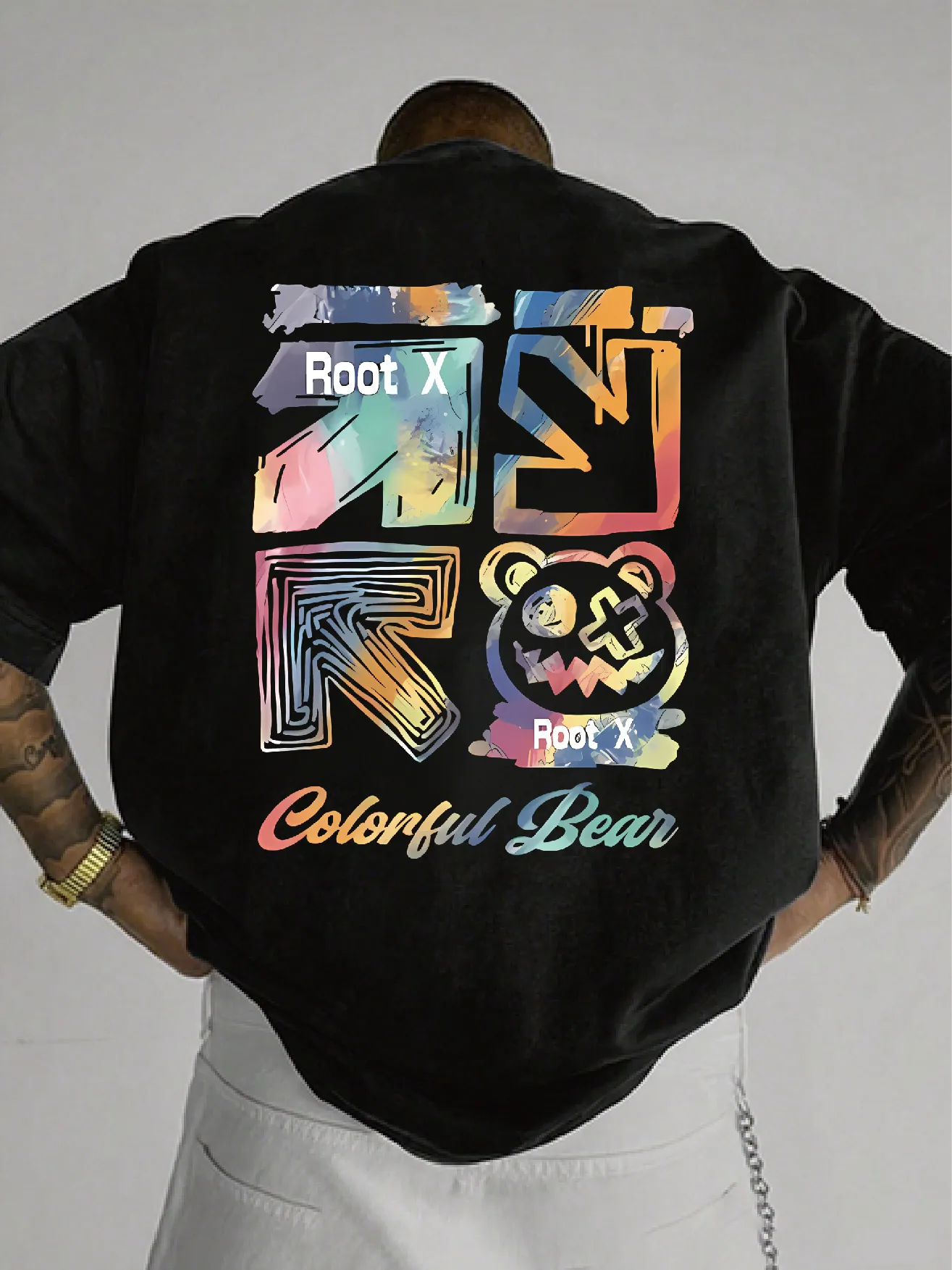 

Fashionable short-sleeved colorful gradient Root X bear print T-shirt suitable for casual scenes