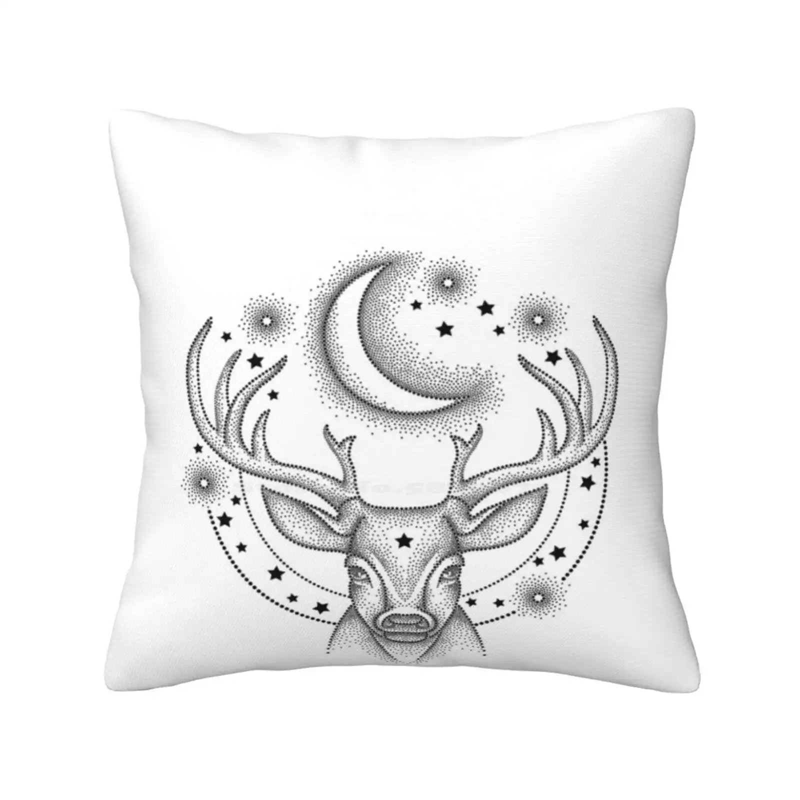 Dotwork Deer. Bedroom Office Hug Pillowcase Dots Dotwork Deer Head Moon Stars Antler Animal Black