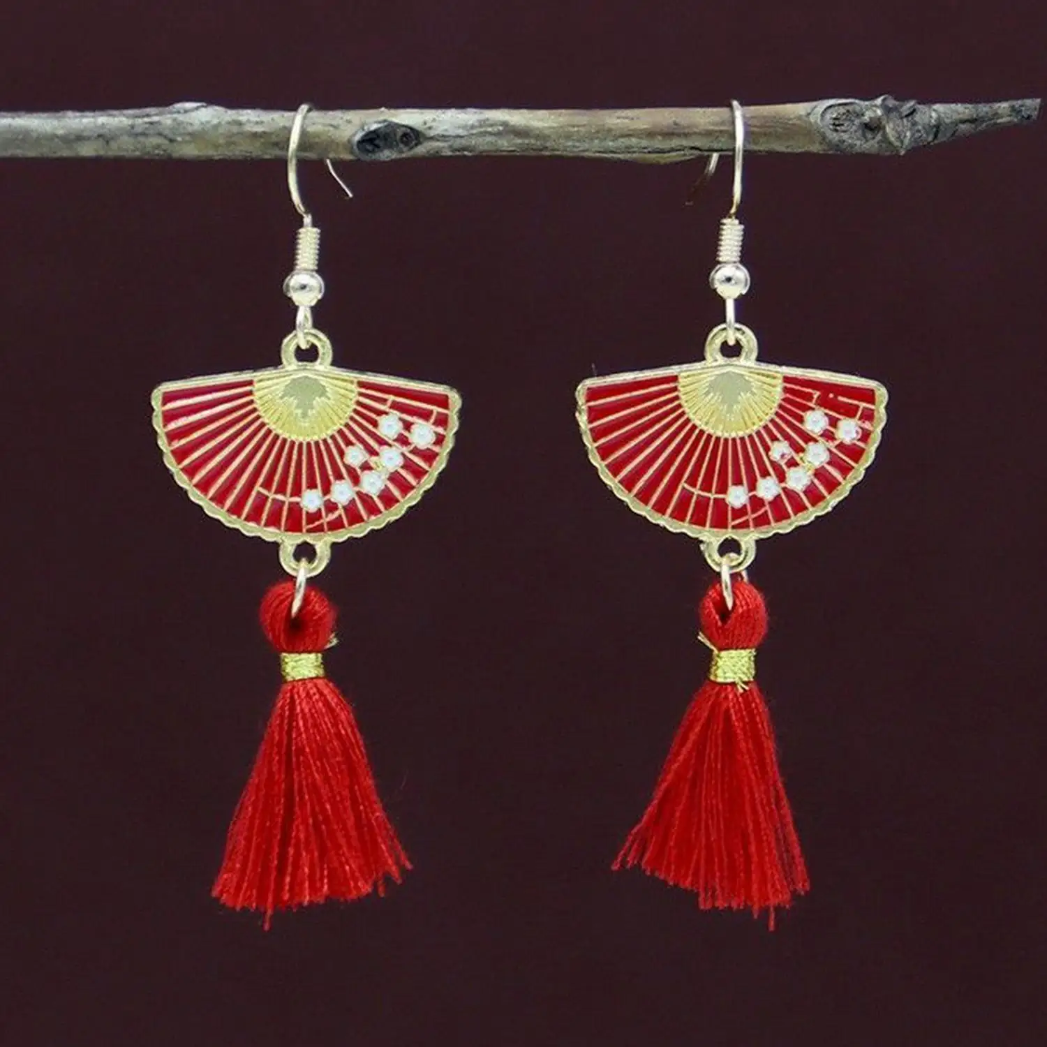 Bohemian Red Semicircle Long Feather Tassel Ladies Earrings Women Summer Indian Jewelry Natural Wood Beads Dangle Earrings