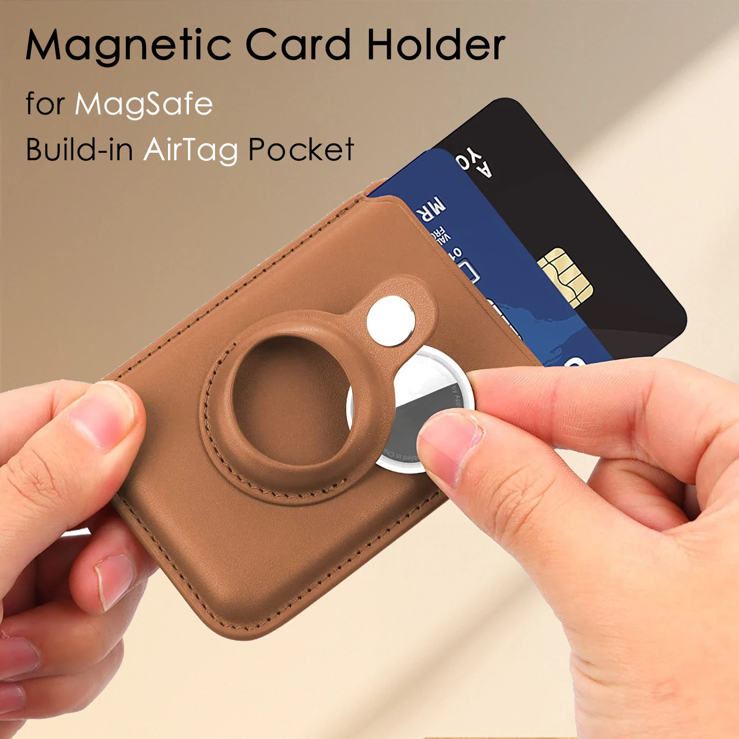 Vanuoxin Magnetic Leather Card Holder Wallet Built in AirTag Pocket for MagSafe for iPhone 15 14 Plus 13 12 Pro Max Anti-Lost