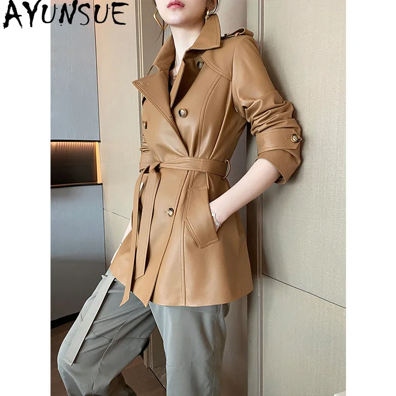 AYUNSUE リアルレザージャケットの女性 2025 春秋服ミッドレングスシープスキンレディースコートトレンチコート Jaqueta デ Couro