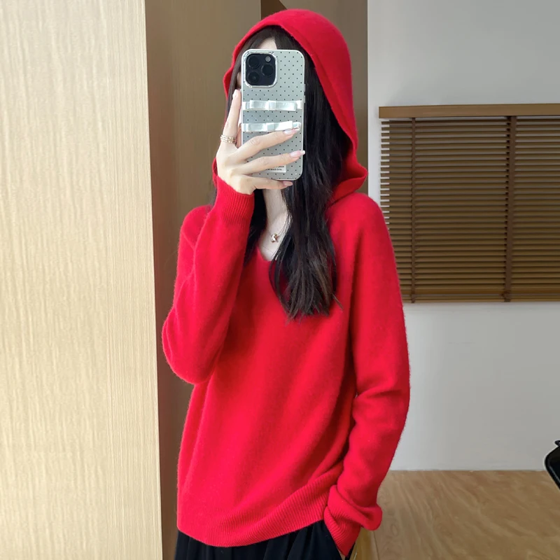 New cashmere sweater women\'s sweater in autumn and winter 100% merino wool fashion V-neck hooded autumn warm pullover top