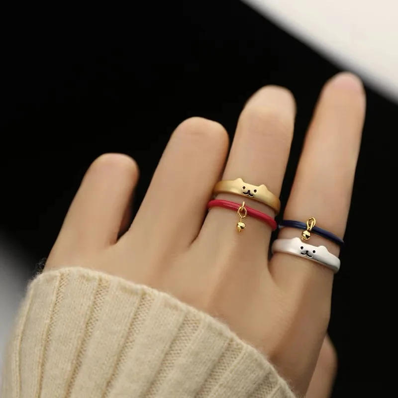 A Pair of Cute Cat Rings Japanese Style Simple Niche Design Cat Bells Stacked Open Rings Adjustable Oil Dripping Red Blue Rings Couple Best Friend Party Gifts