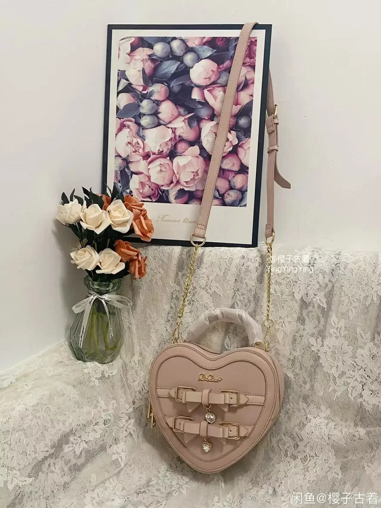 Borsa Liz in stile giapponese Mine Lolita Love Borsa a tracolla con fiocco in strass Borsa a tracolla in PU rosa a forma di cuore dolce da donna