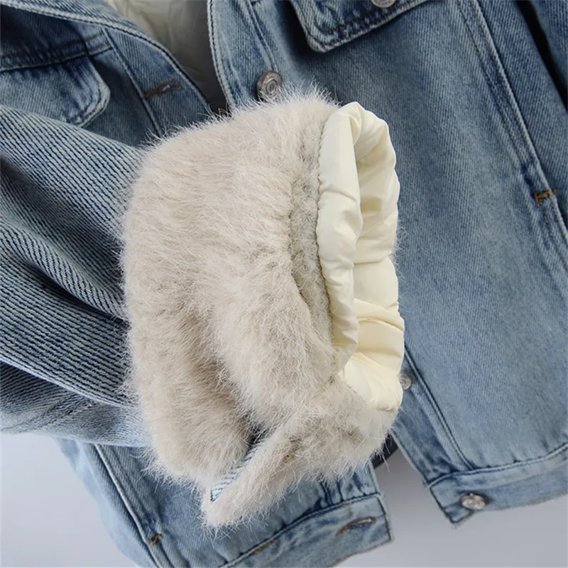 شتاء جديد فو الفراء خفيفة الوزن أسفل بطانة المرأة الضوء الأزرق قصيرة الدنيم سترة عادية التلبيب كم طويل أنثى كاوبوي ملابس خارجية #6