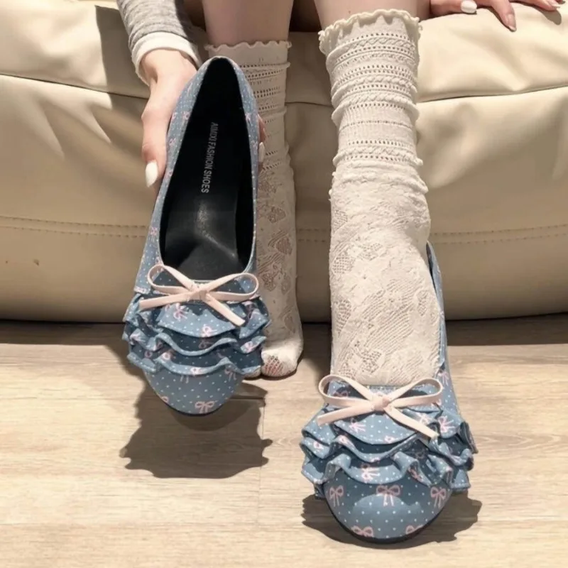 Polka Dot Mary Jane Shoes Women Sweet Ruffle Internal Elevation Shoes Ladies Soft Sole Slip on Daily Comfort Dress Footwear