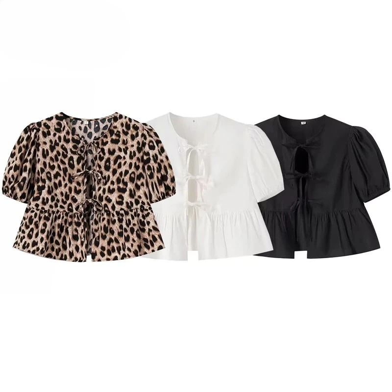

Leopard Print Crop Top Women Puff Sleeve Ruffle Blouses Woman 2024 Summer Shirts and Blouses for Women Ruched Ladies Tops