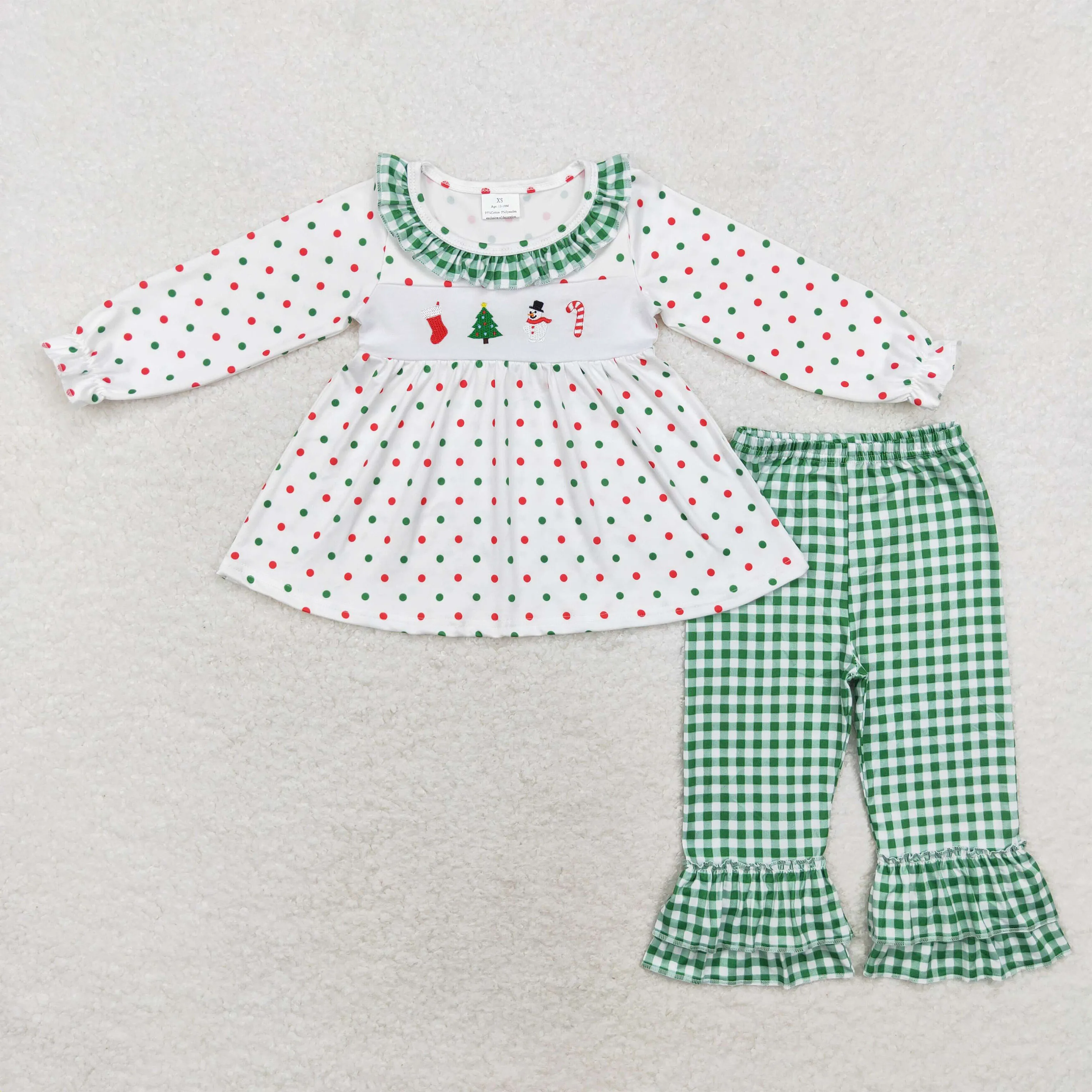 Wholesale Children Embroidery Christmas Tree Snowman Sets Long Sleeves Shirt Green Plaid Pants Boy Girl Kids Toddler Outfit