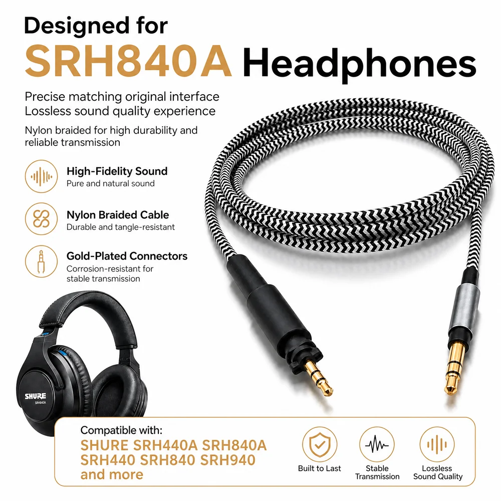 HiFi Nylon Braided Headphone Cable For Shure SRH840A SRH440A SRH840 SRH440 SRH940 Replacement Audio Wire 3.5 To 2.5mm