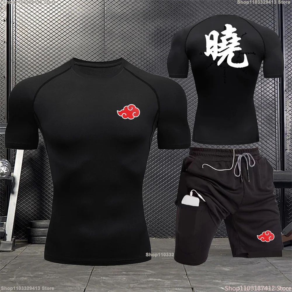 Jogging Breathable Compression Sportswear Summer Men\'s Training Two-piece Tight T-shirt Fitness Shorts Gym Workout Set S-3XL