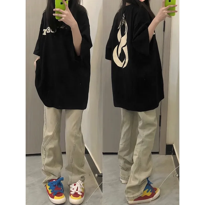 

Женские джинсы в стиле ретро, окрашенные грязью, с высокой талией, прямые брюки, узкая версия, широкие брюки, осенний дизайн, чувственное похудение