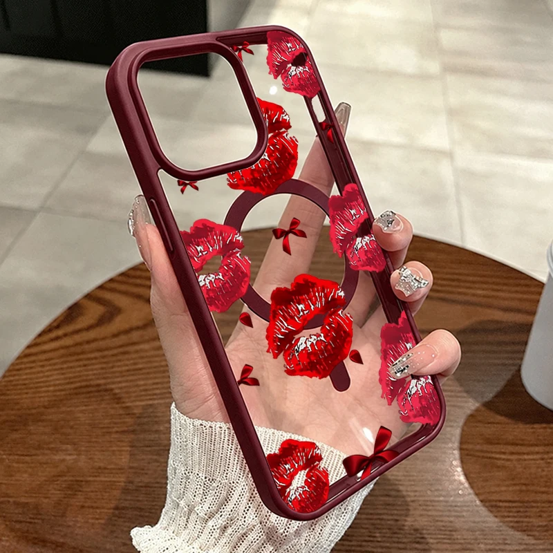 Red Lip Kiss Bow Print Wireless Charging Magnetic Case For Samsung Galaxy S26 S25 S24 S23 S22 S21 Ultra Plus FE A16 A37 57 56 36