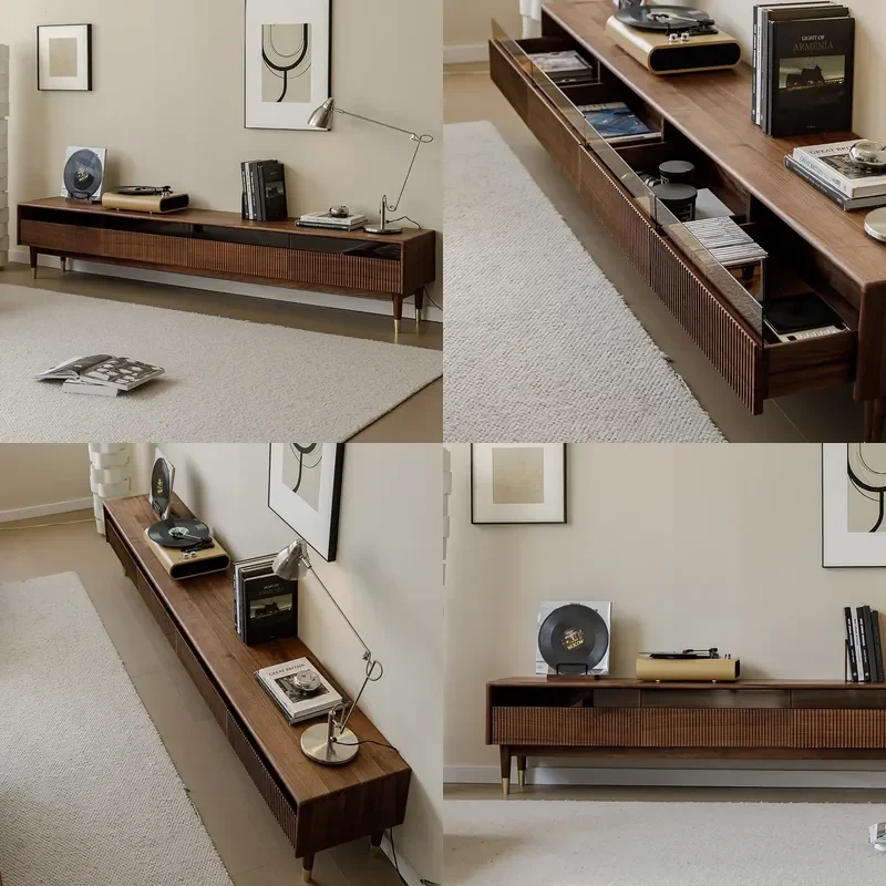 North American Black Walnut TV Stand Solid Wood Media Console High Leg Modern Minimalist Living Room Audio Visual Cabinet