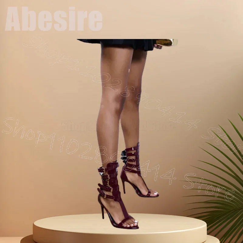 

Burgandy Buckle T Strap Open Toe Sandals Buckle Strap Women Shoes Thin High Heels Party Banquet Dating 2025 Zapatos Para Mujere
