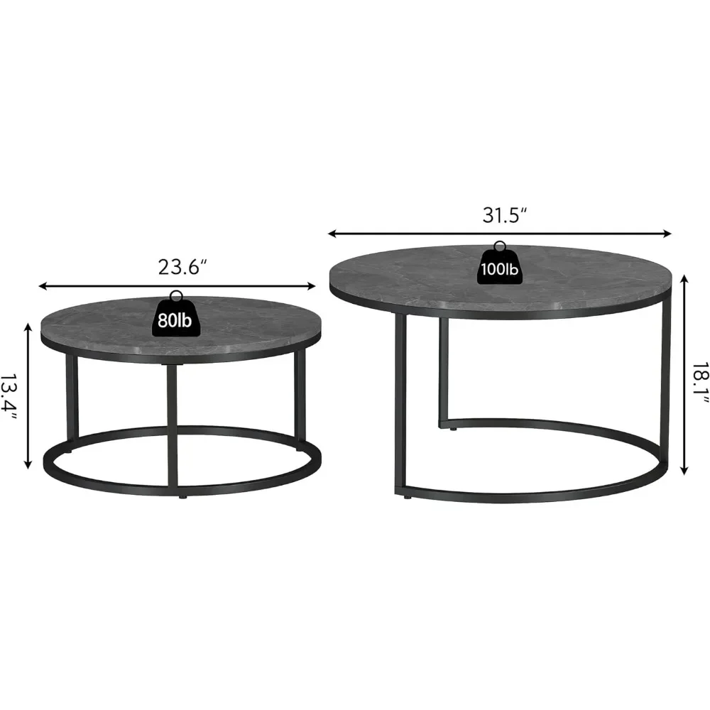 Round Coffee Tables Set of 2, Nesting Tables Modern Living Room Center Table with Grey freight free