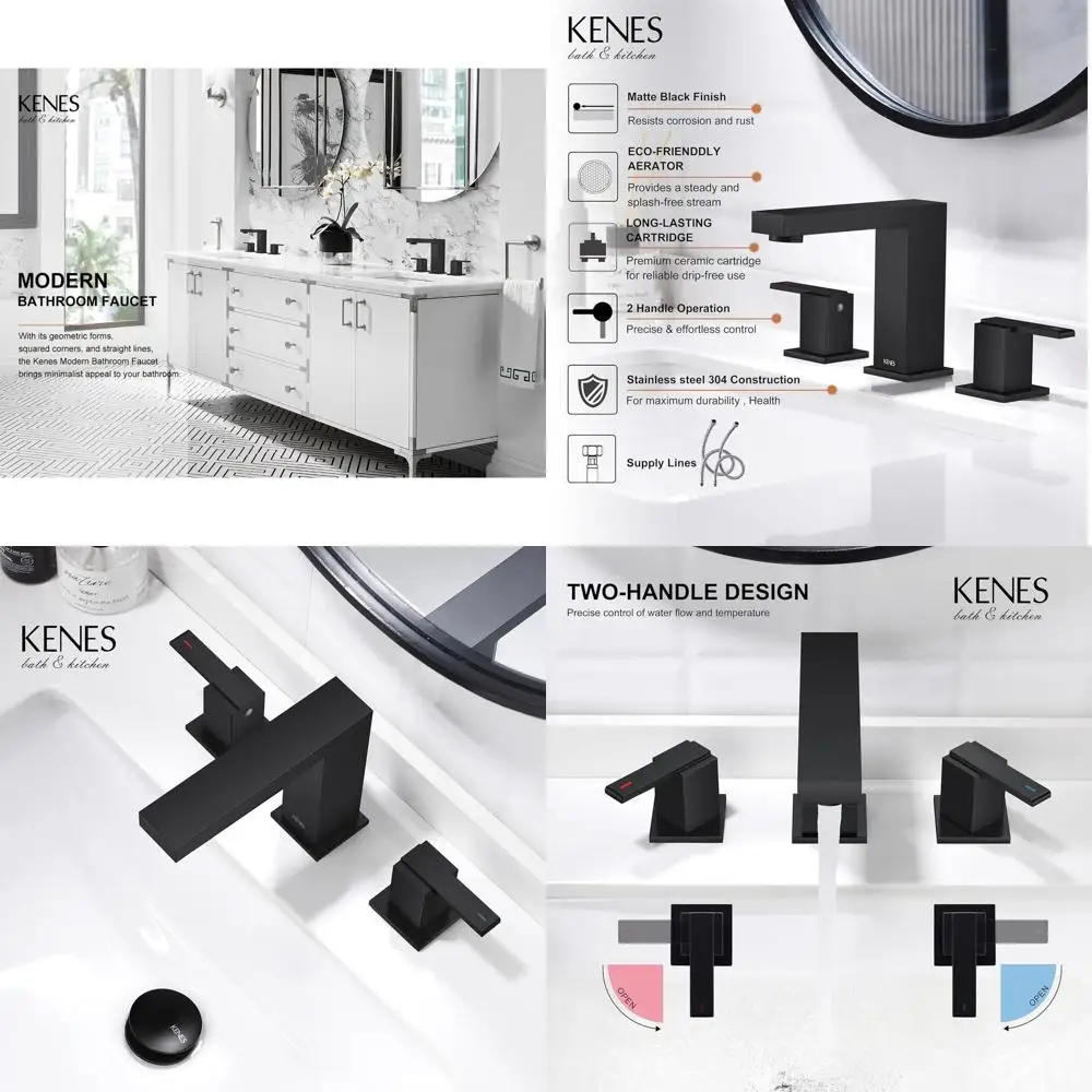 

Matte Black 3-Hole Widespread Bathroom Sink Faucet with 8-Inch Spout, 2-Handle Vanity Set Including Pop-Up Drain and Supply Line