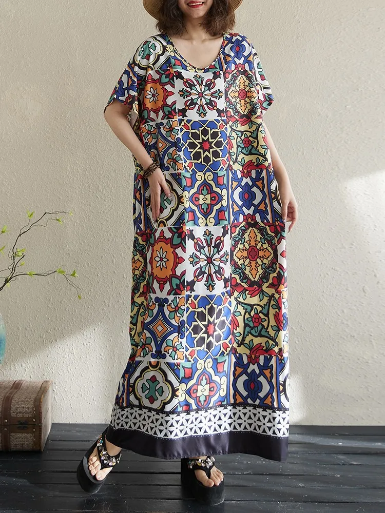 Übergroßes Sommerkleid mit V-Ausschnitt für Damen, geometrischer Blumendruck, modische Damenkleider, lässig, lockere Rüschen, A-Linie, langes Kleid