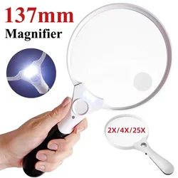 Large Reading Magnifier with 3 LED Lights 2X 4X 25X Handheld Magnifying Glass Illuminated Lupa 137mm Loupe Lens for Seniors