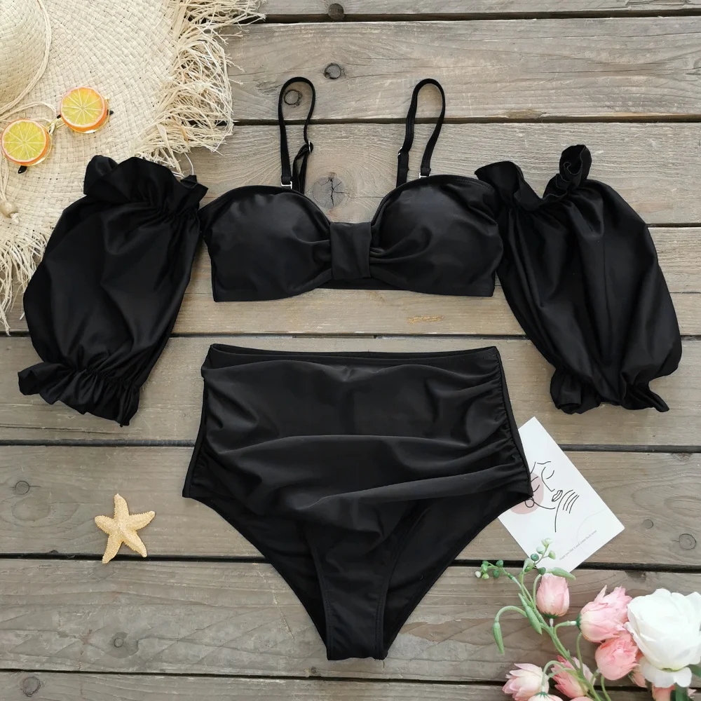 Classic Cheap Half Sleeves Slipt Swimwear For Women High Waist Bikini Set Swimsuit Bathing Suit Holiday Beachwear Female Clothes