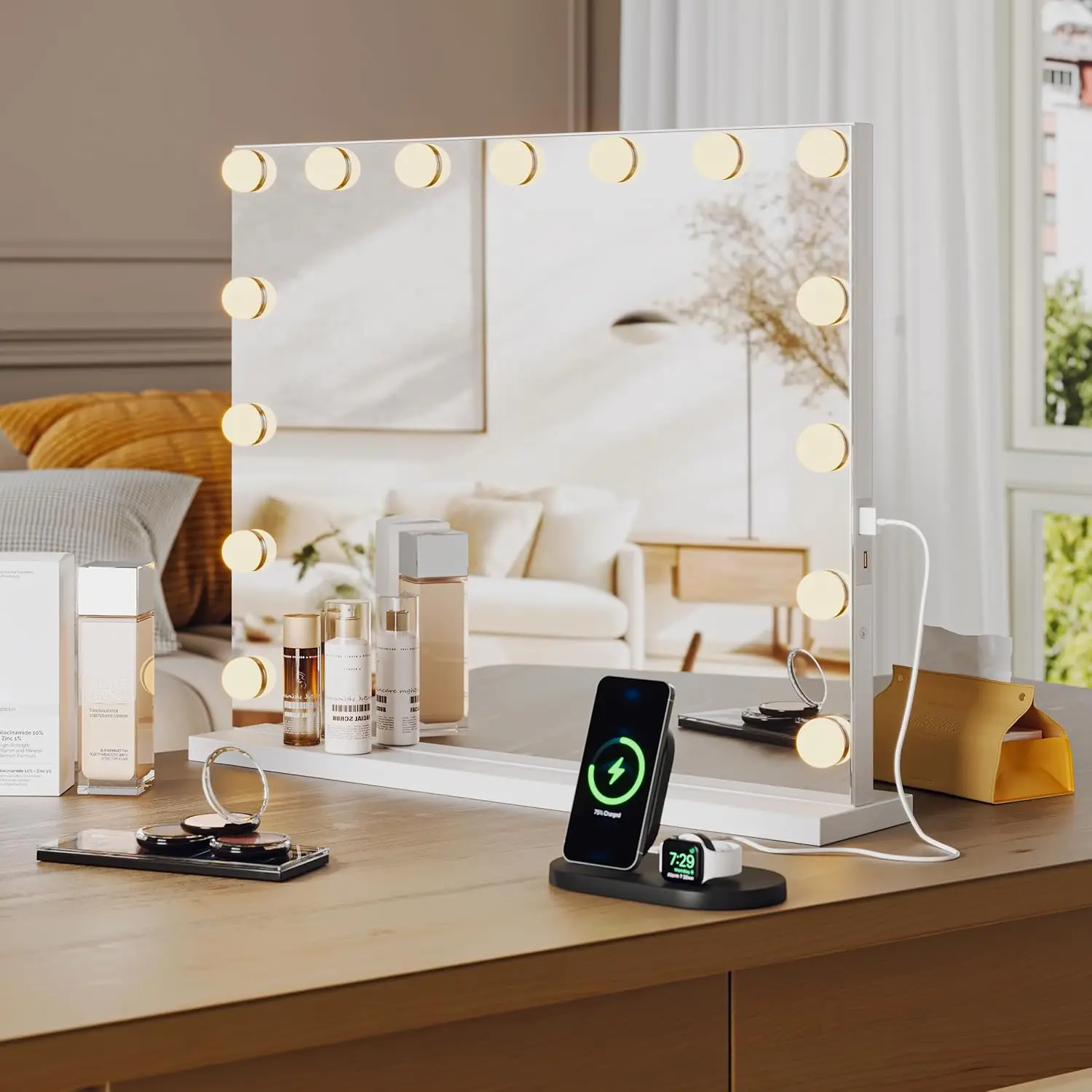 Vanity Mirror With Lights, Hollywood Lighted Vanity Mirror With 15 Dimmable Led Bulbs, 3 Color Modes, Usb Charging Port, Light