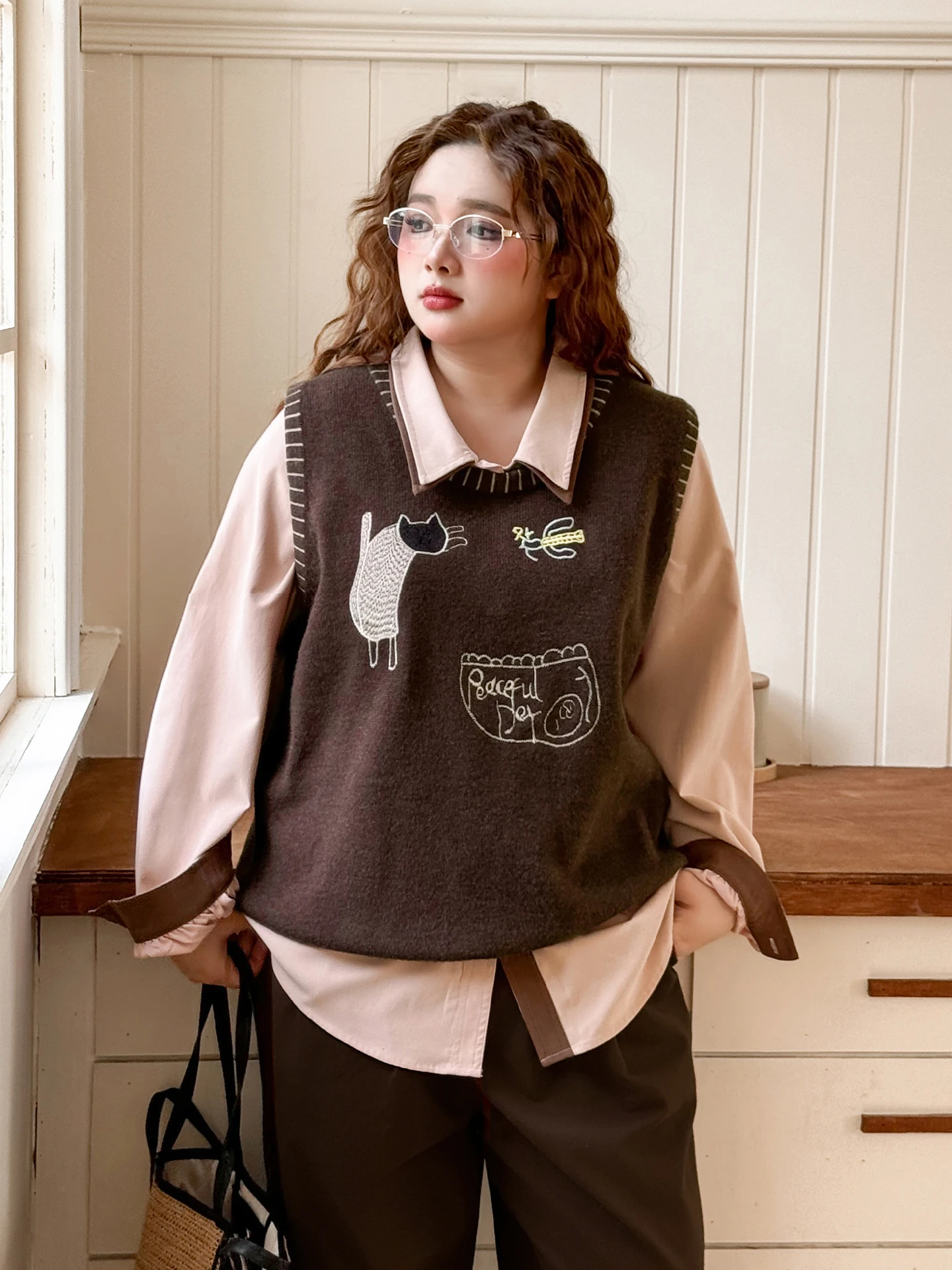

plus Size Korean Sle Lazy Suit Spring 2026 Long Sve irt Vest Fce Wide Leg Pants Tee Piece Set Casual High Waist
