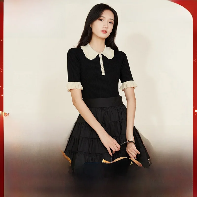 

MaSandeS Early Autumn OL Commute Anti-Aging Versatile Doll Collar Lace Knitwear ort Sve Regular Fit Pure Color