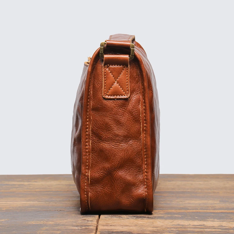 New Natural Cowhide Leather Men's Handmade Messenger Crossbody Bag Casual Shoulder Bag Large Capacity Man Zipper Satchel Bag