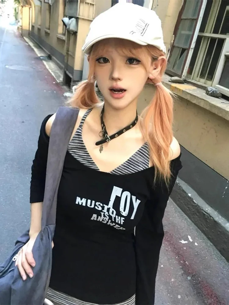 Camiseta Zoki ahuecada Y2K para mujer, ropa de calle Vintage, camisetas góticas de manga larga, camisetas Harajuku con cuello en V académico oscuro americano para primavera