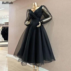 Bafftafe Simple Black Long Sleeves Prom Dresses V-Neck Organza Women Formal Event Party Dress Customized Midi Homecoming Gowns