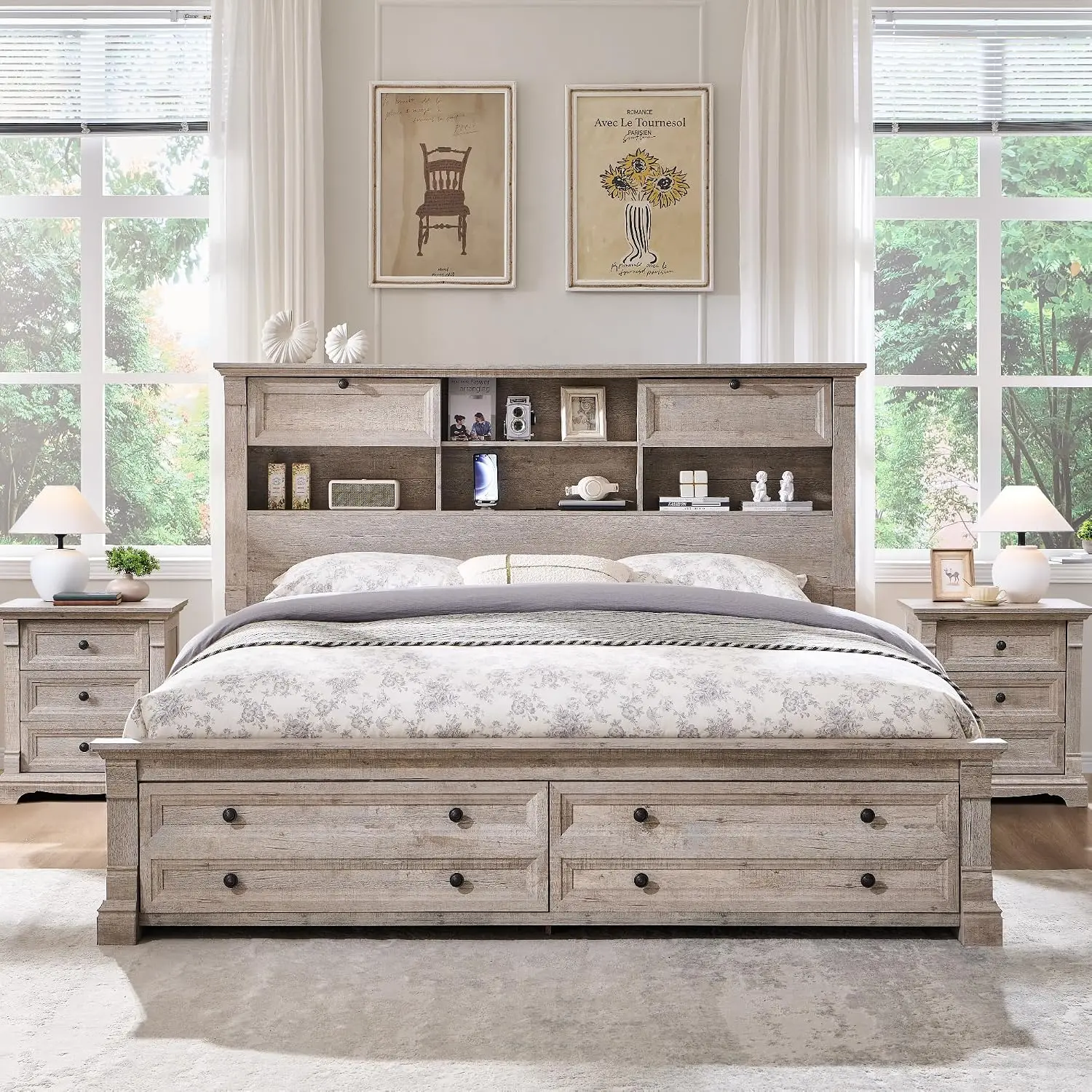 Queen Size Bed Frame 2 Drawer & 4 Storage Rack Headboard Charging Station | Farmhouse 54