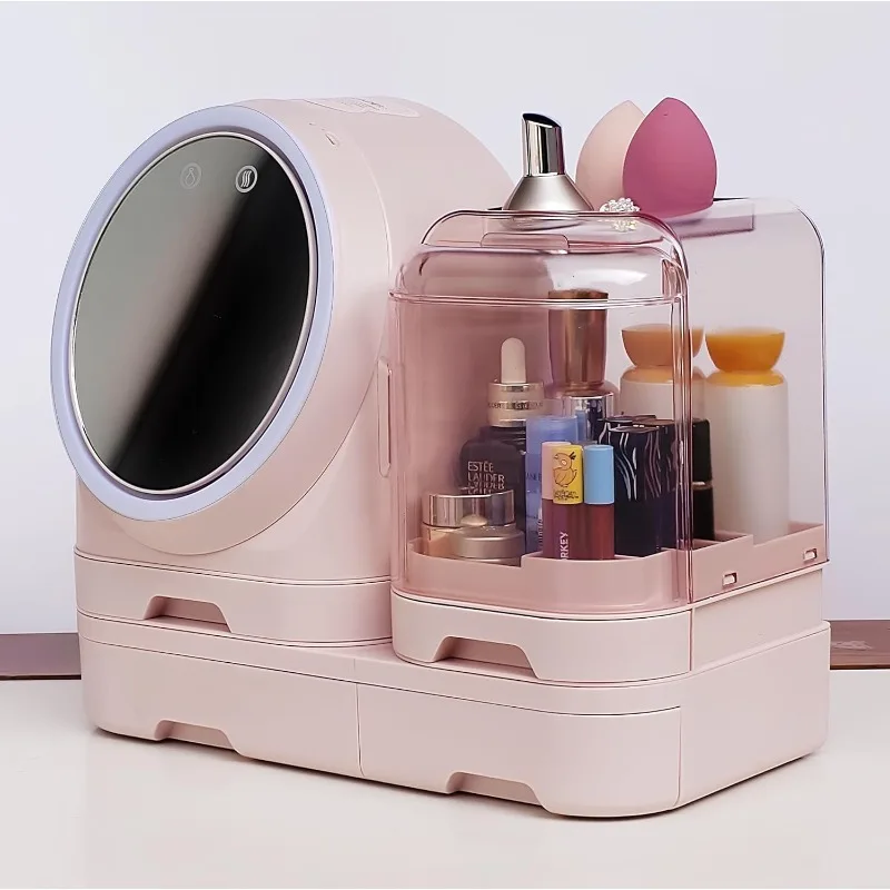 Makeup Organizer With Mirror:Cosmetic Display Case with LED FAN Drawers,Skincare Storage for Vanity Countertop Bathroom