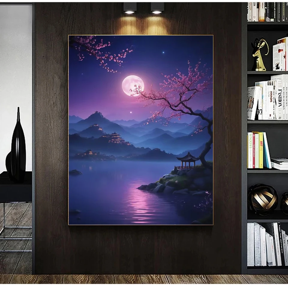 DIY Diamond Painting Art Purple Moon Cherry Blossoms Full Mosaic Diamond Embroidery Landscape Cross Stitch Set Home Decoration image 2